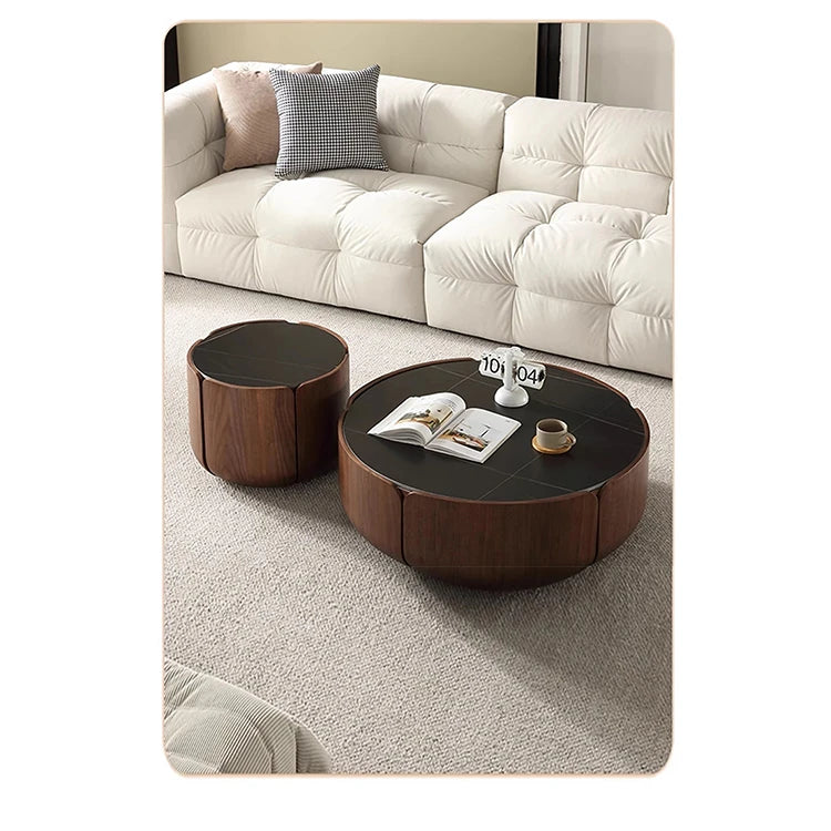 Round Sintered Stone Coffee Table with Storage - Modern Wood Accent Design for Living Room Elegance fme-3126