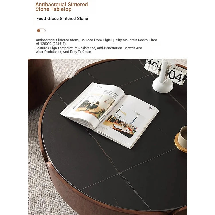 Round Sintered Stone Coffee Table with Storage - Modern Wood Accent Design for Living Room Elegance fme-3126