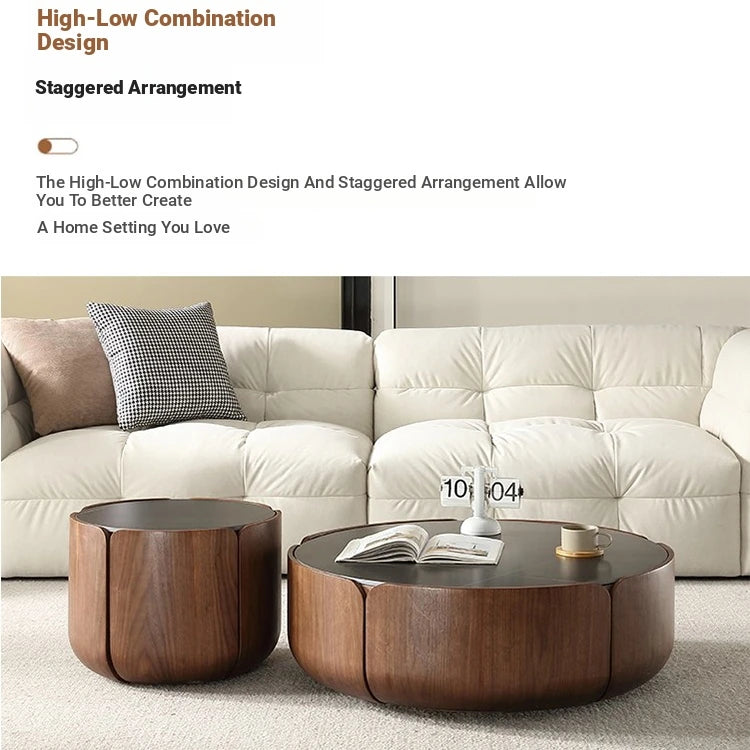 Round Sintered Stone Coffee Table with Storage - Modern Wood Accent Design for Living Room Elegance fme-3126