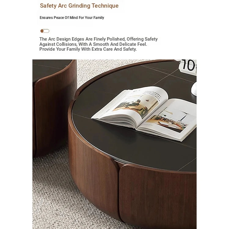 Round Sintered Stone Coffee Table with Storage - Modern Wood Accent Design for Living Room Elegance fme-3126
