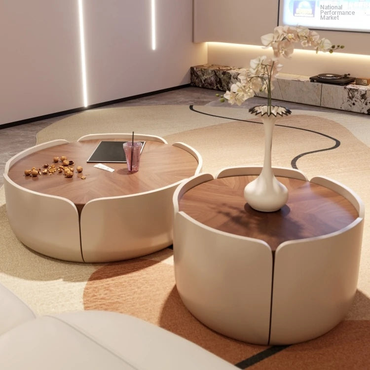 Modern Round Coffee Table with Walnut Top and Stylish Beige Base – Perfect for Living Room Décor fme-3127