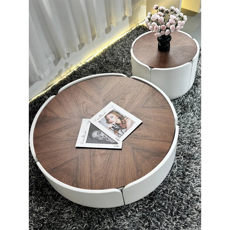 Modern Round Coffee Table with Walnut Top and Stylish Beige Base – Perfect for Living Room Décor fme-3127