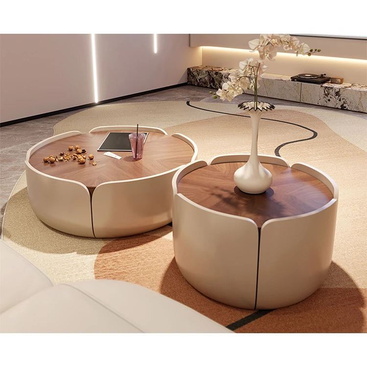 Modern Round Coffee Table with Walnut Top and Stylish Beige Base – Perfect for Living Room Décor fme-3127