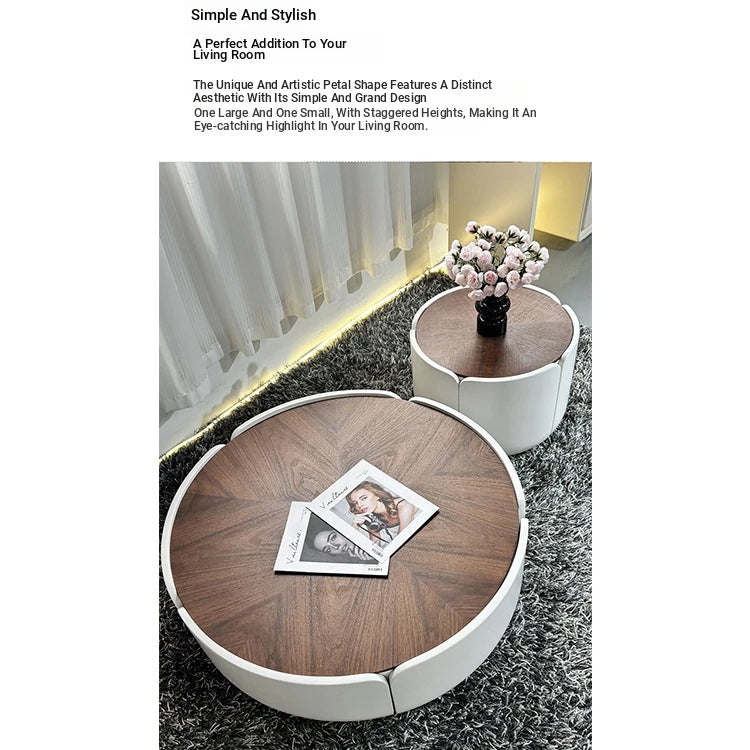 Modern Round Coffee Table with Walnut Top and Stylish Beige Base – Perfect for Living Room Décor fme-3127