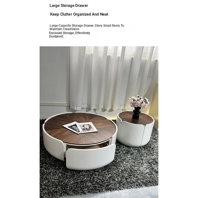 Modern Round Coffee Table with Walnut Top and Stylish Beige Base – Perfect for Living Room Décor fme-3127