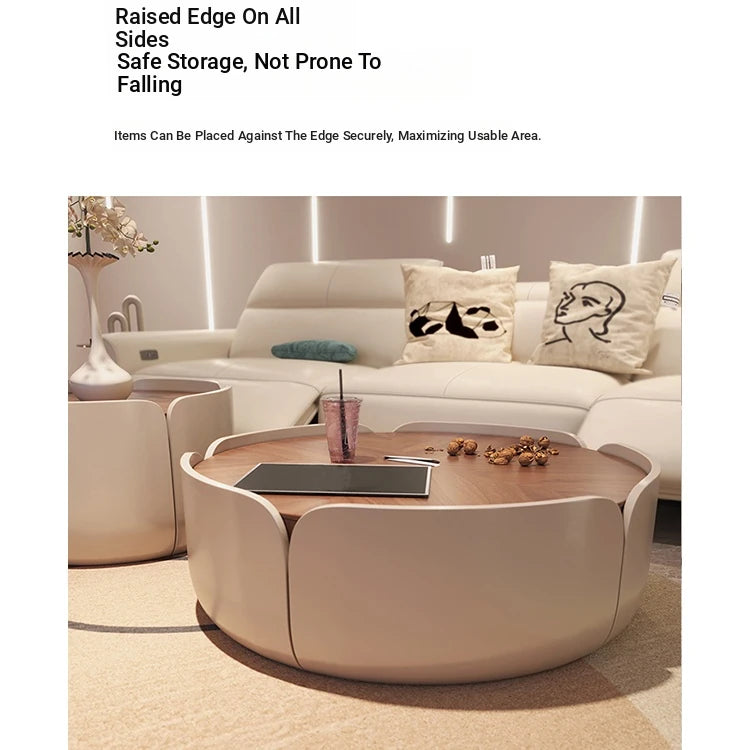 Modern Round Coffee Table with Walnut Top and Stylish Beige Base – Perfect for Living Room Décor fme-3127