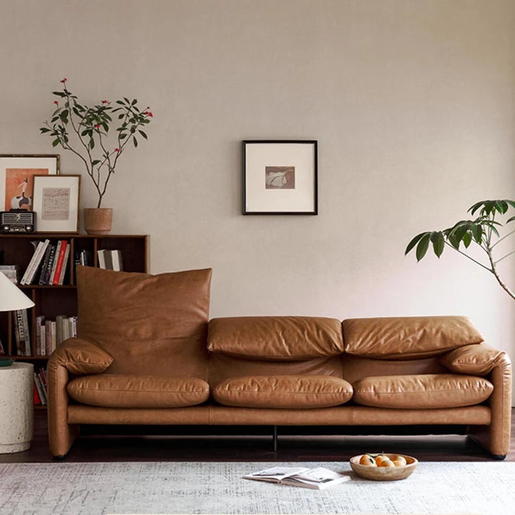 Vintage Brown Sofa, 2/3-Seater Oil-Waxed Genuine Leather Couch with Pine Frame, Wingback Design and Thick Headrest for Living Room fme-3133