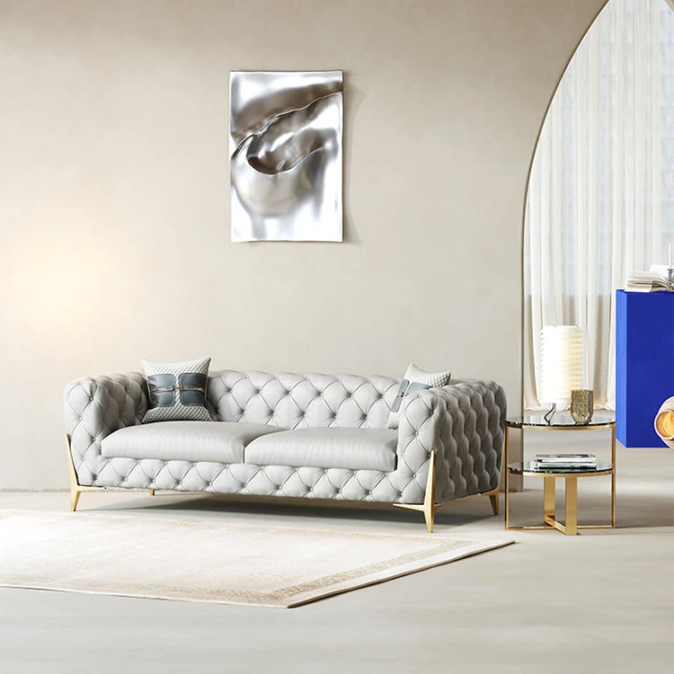 Elegant Solid Wood & Stainless Steel Sofa with PU Leather Upholstery – Chic Modern Design for Stylish Living Rooms fmfd-5051