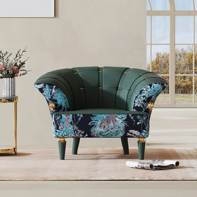 Stylish Pine PU Leather Accent Chair with Elegant Floral Design - Perfect for Living Room Decor fmfd-5068