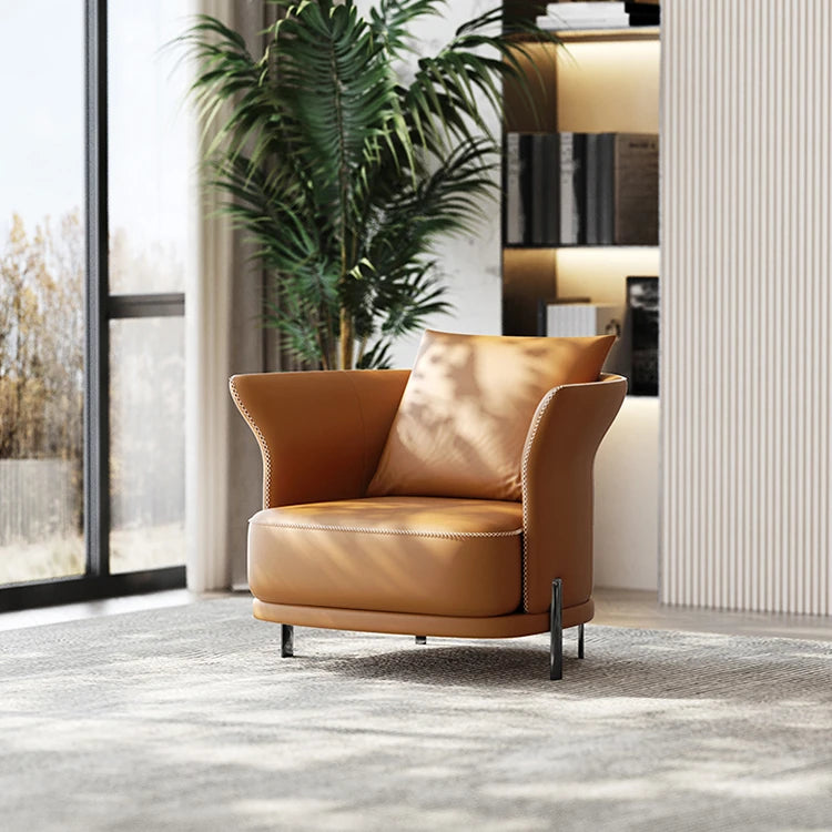 Stylish Solid Wood and Cowhide Leather Accent Chair - Modern Comfort for Your Living Room fmfd-5077