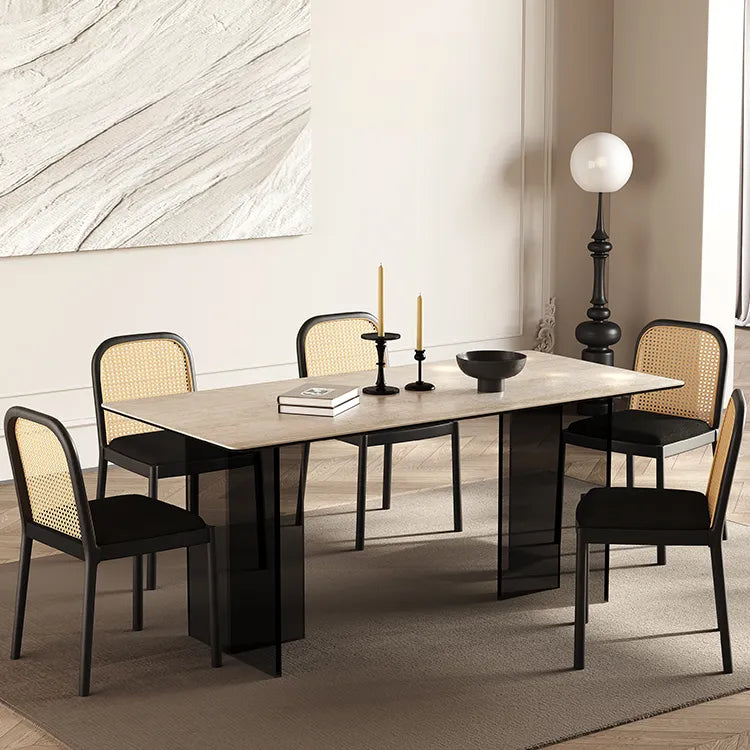 Sleek Sintered Stone Dining Table with Glass Base and Acrylic Finish – Modern Elegance for Your Dining Room fmus-4082