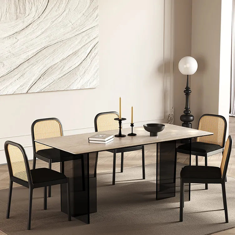 Sleek Sintered Stone Dining Table with Glass Base and Acrylic Finish – Modern Elegance for Your Dining Room fmus-4082