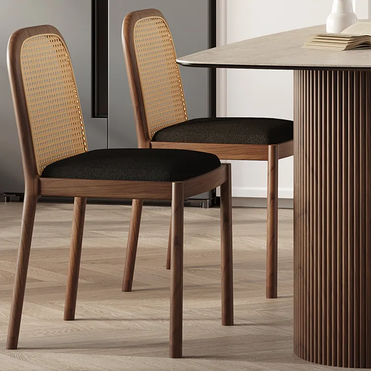 Sleek Ash Wood Dining Chair with Rattan Weaving & PU Leather Cushion fmus-4084