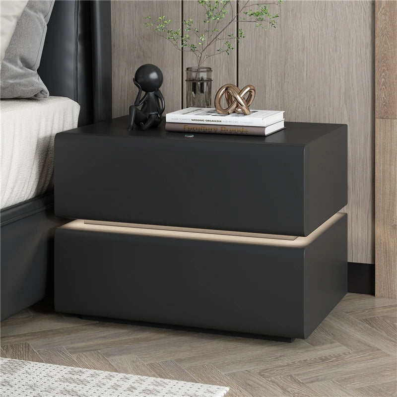 Stylish Pine Nightstand with PU Leather Finish - Modern Two-Drawer Storage Solution for Bedroom Decor fmxjs-5342
