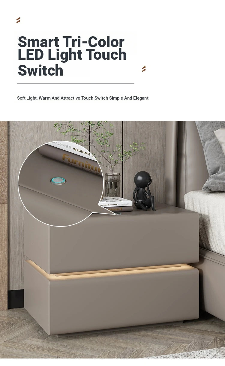 Stylish Pine Nightstand with PU Leather Finish - Modern Two-Drawer Storage Solution for Bedroom Decor fmxjs-5342