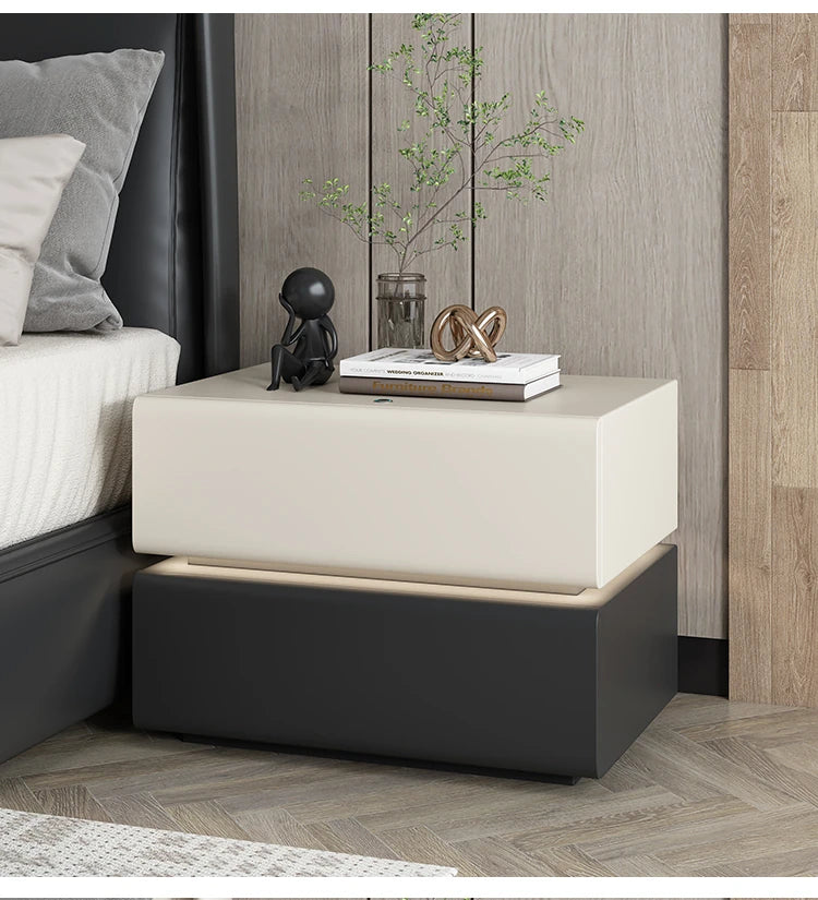 Stylish Pine Nightstand with PU Leather Finish - Modern Two-Drawer Storage Solution for Bedroom Decor fmxjs-5342