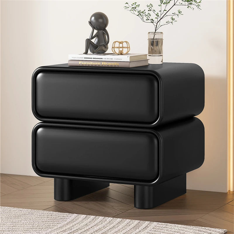 Modern Black Pine Nightstand with PU Leather Finish - Stylish Storage for Bedroom fmxjs-5343