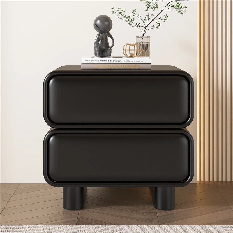 Modern Black Pine Nightstand with PU Leather Finish - Stylish Storage for Bedroom fmxjs-5343