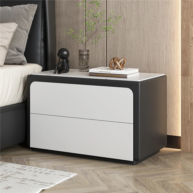 Modern Pine Nightstand with Sintered Stone Top and PU Leather Finish - Stylish Storage Solution for Your Bedroom fmxjs-5344