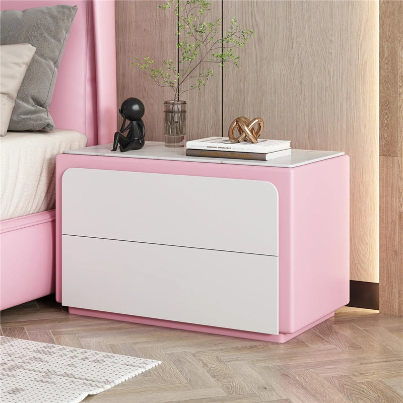 Modern Pine Nightstand with Sintered Stone Top and PU Leather Finish - Stylish Storage Solution for Your Bedroom fmxjs-5344