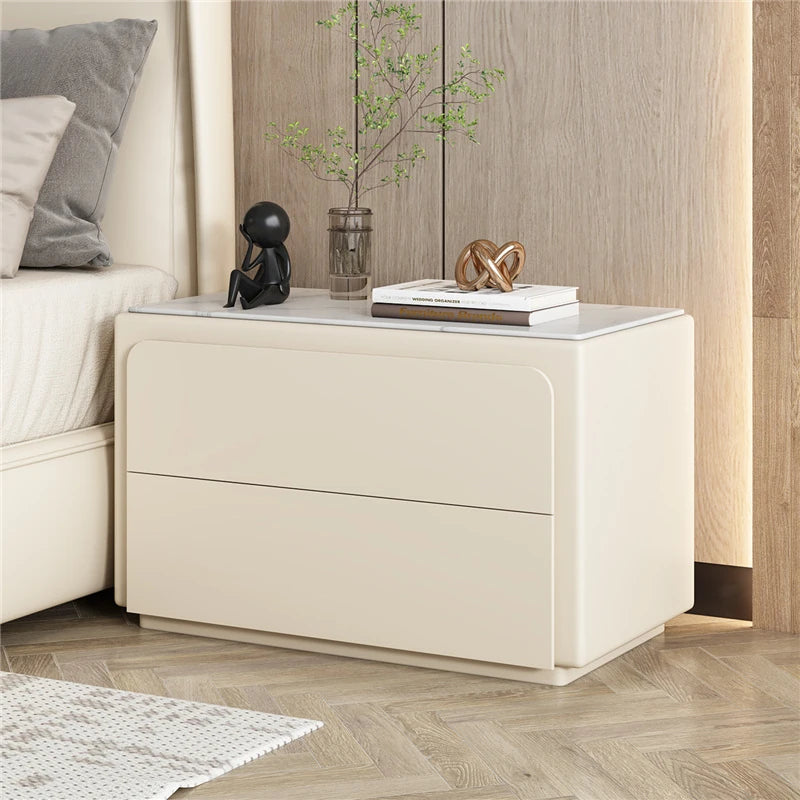 Modern Pine Nightstand with Sintered Stone Top and PU Leather Finish - Stylish Storage Solution for Your Bedroom fmxjs-5344