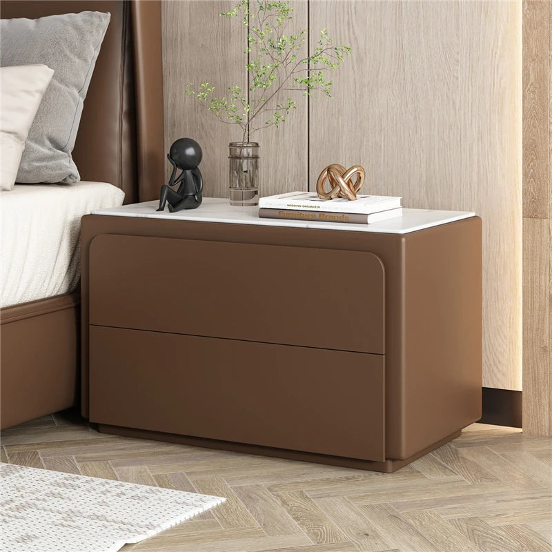 Modern Pine Nightstand with Sintered Stone Top and PU Leather Finish - Stylish Storage Solution for Your Bedroom fmxjs-5344