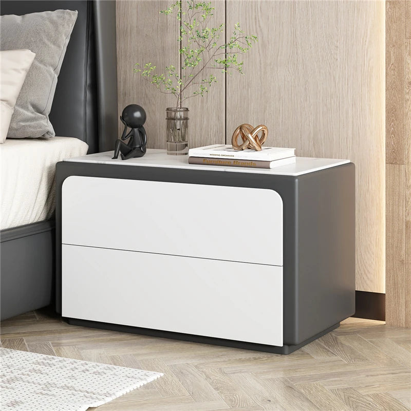 Modern Pine Nightstand with Sintered Stone Top and PU Leather Finish - Stylish Storage Solution for Your Bedroom fmxjs-5344