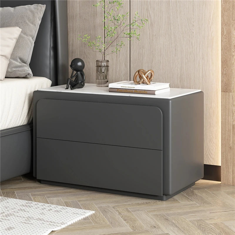 Modern Pine Nightstand with Sintered Stone Top and PU Leather Finish - Stylish Storage Solution for Your Bedroom fmxjs-5344