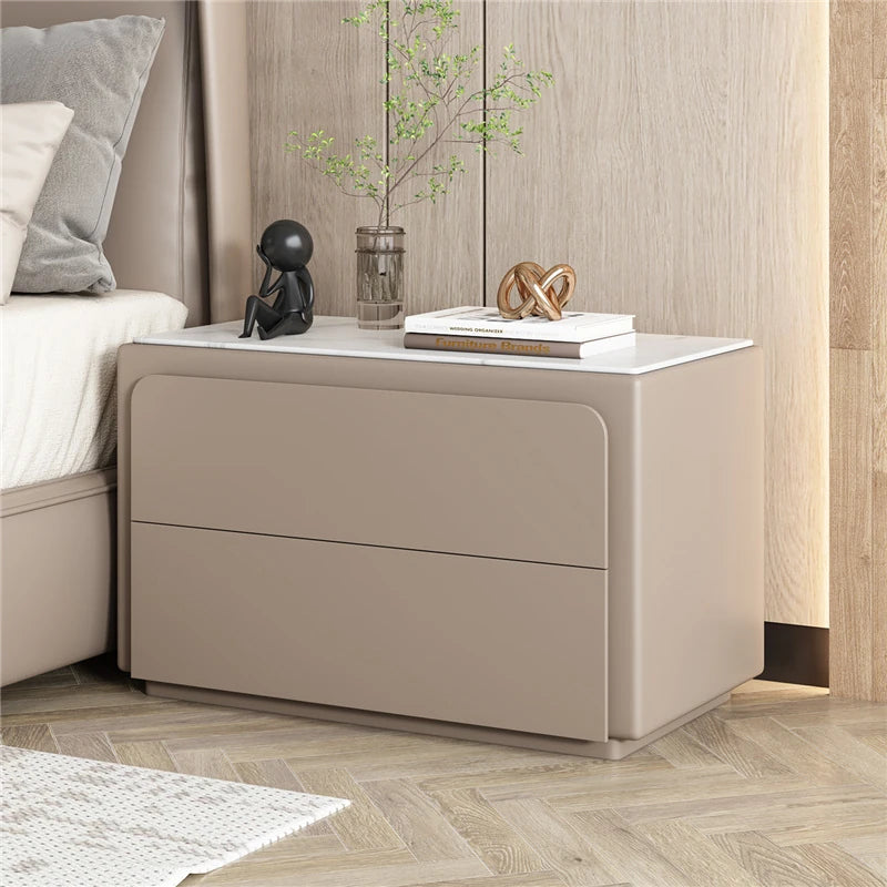 Modern Pine Nightstand with Sintered Stone Top and PU Leather Finish - Stylish Storage Solution for Your Bedroom fmxjs-5344