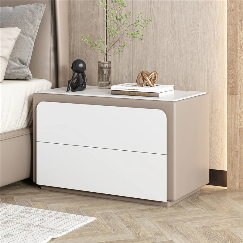 Modern Pine Nightstand with Sintered Stone Top and PU Leather Finish - Stylish Storage Solution for Your Bedroom fmxjs-5344