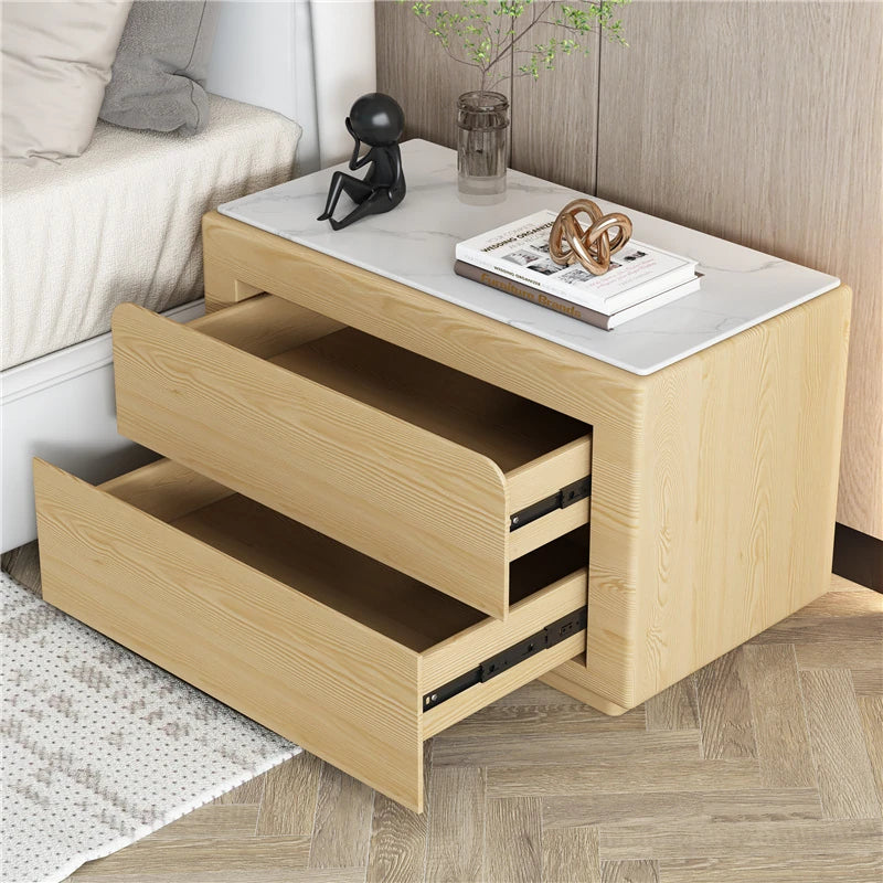 Modern Pine Nightstand with Sintered Stone Top and PU Leather Finish - Stylish Storage Solution for Your Bedroom fmxjs-5344