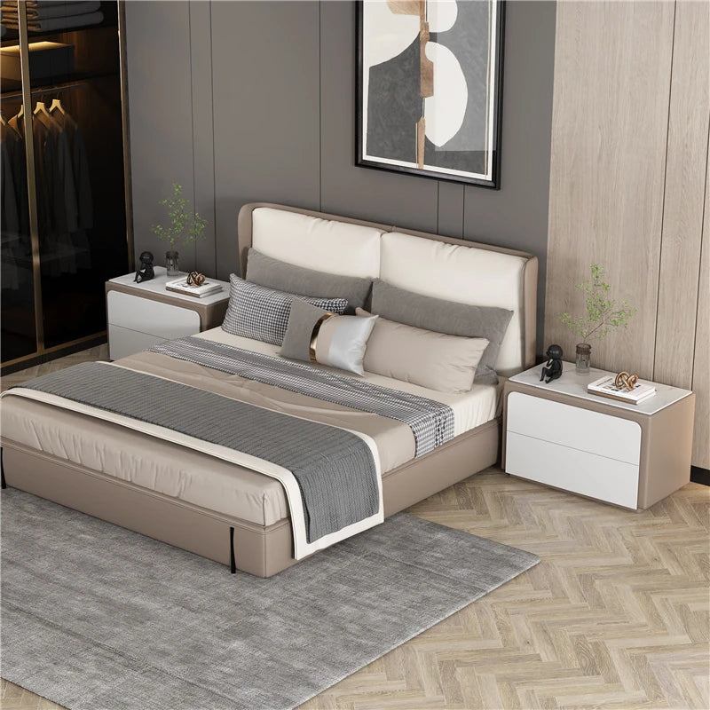 Modern Pine Nightstand with Sintered Stone Top and PU Leather Finish - Stylish Storage Solution for Your Bedroom fmxjs-5344