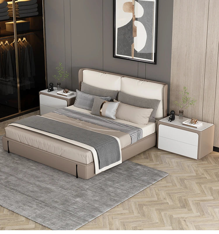 Modern Pine Nightstand with Sintered Stone Top and PU Leather Finish - Stylish Storage Solution for Your Bedroom fmxjs-5344