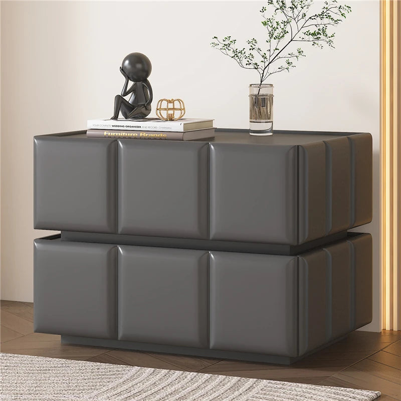 Chic Pine Nightstand with PU Leather Finish and Soft LED Accent Lighting fmxjs-5345