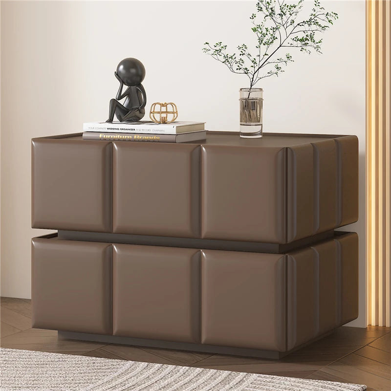 Chic Pine Nightstand with PU Leather Finish and Soft LED Accent Lighting fmxjs-5345