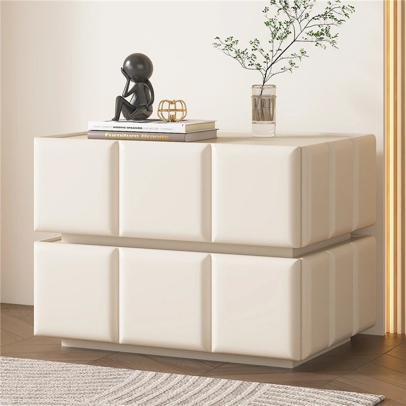 Chic Pine Nightstand with PU Leather Finish and Soft LED Accent Lighting fmxjs-5345