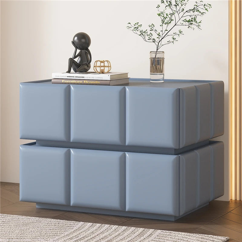 Chic Pine Nightstand with PU Leather Finish and Soft LED Accent Lighting fmxjs-5345