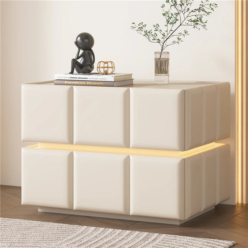 Chic Pine Nightstand with PU Leather Finish and Soft LED Accent Lighting fmxjs-5345