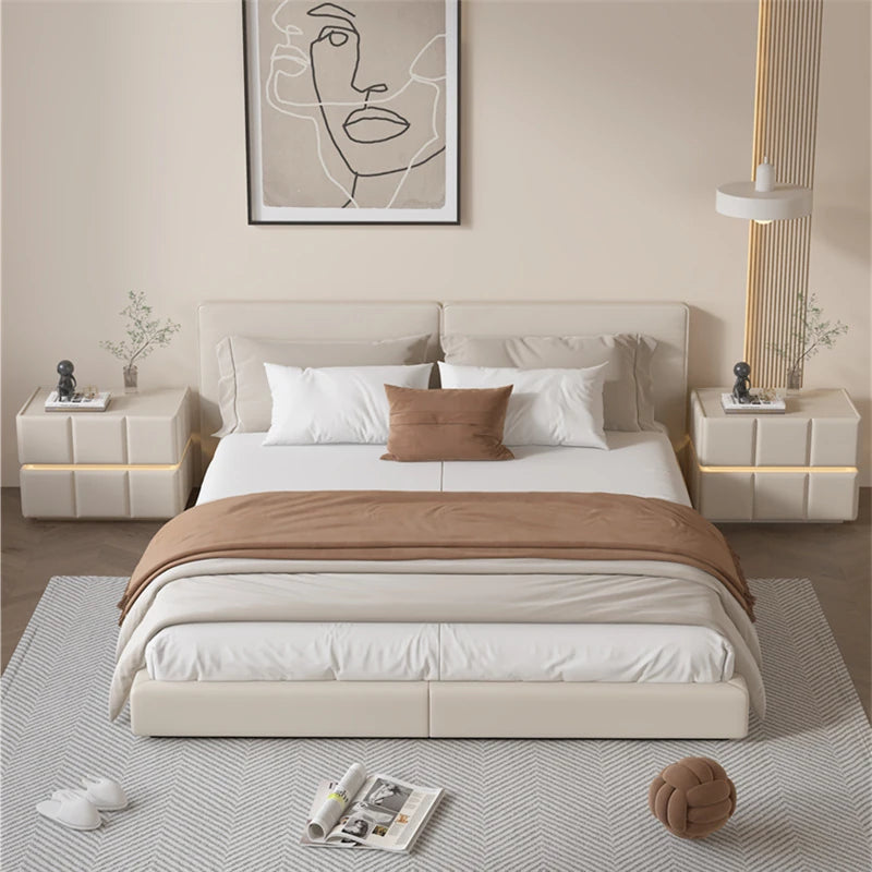 Chic Pine Nightstand with PU Leather Finish and Soft LED Accent Lighting fmxjs-5345