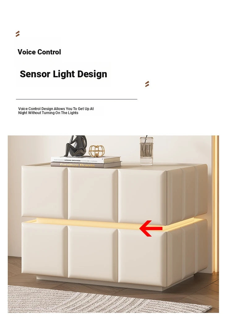 Chic Pine Nightstand with PU Leather Finish and Soft LED Accent Lighting fmxjs-5345