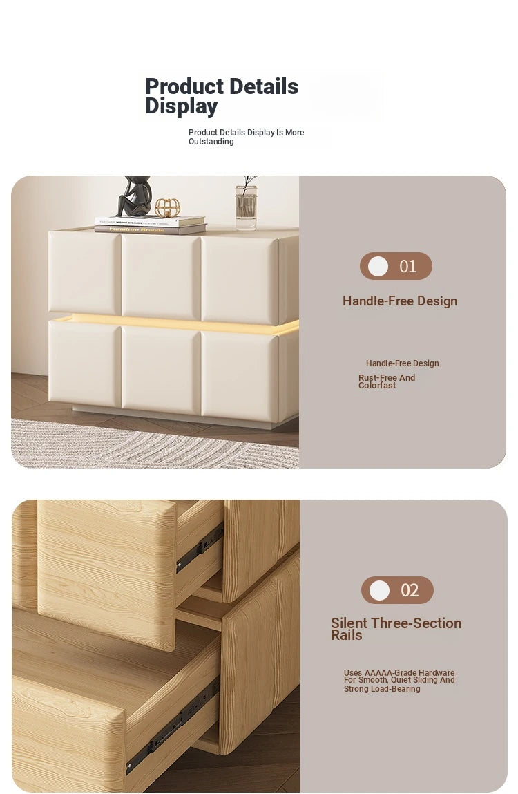 Chic Pine Nightstand with PU Leather Finish and Soft LED Accent Lighting fmxjs-5345