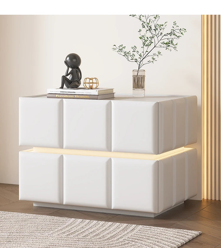 Chic Pine Nightstand with PU Leather Finish and Soft LED Accent Lighting fmxjs-5345