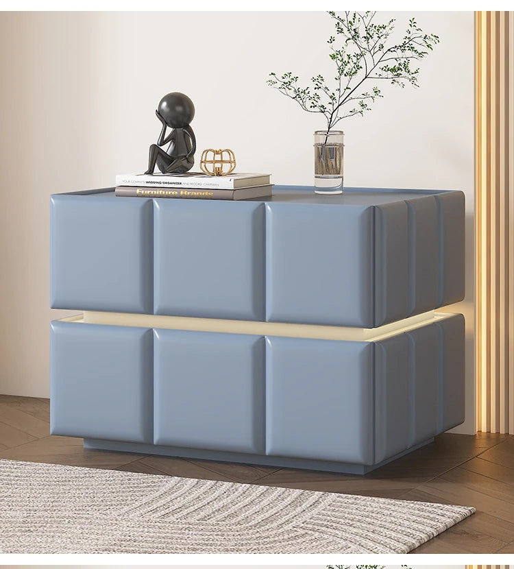 Chic Pine Nightstand with PU Leather Finish and Soft LED Accent Lighting fmxjs-5345