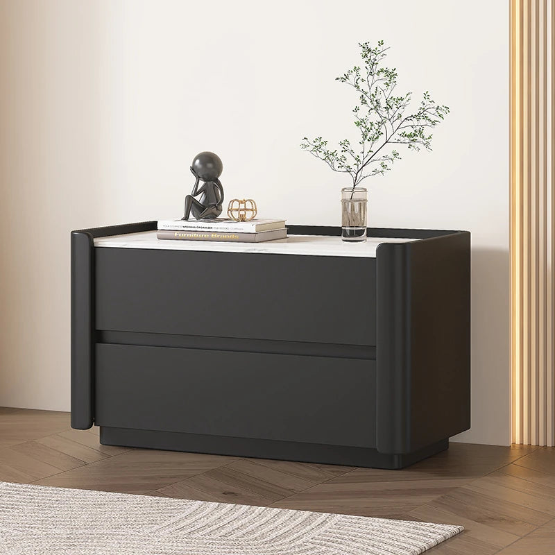 Modern Pine Nightstand with Sintered Stone Top and PU Leather Drawer - Stylish Storage Solution for Your Bedroom fmxjs-5346