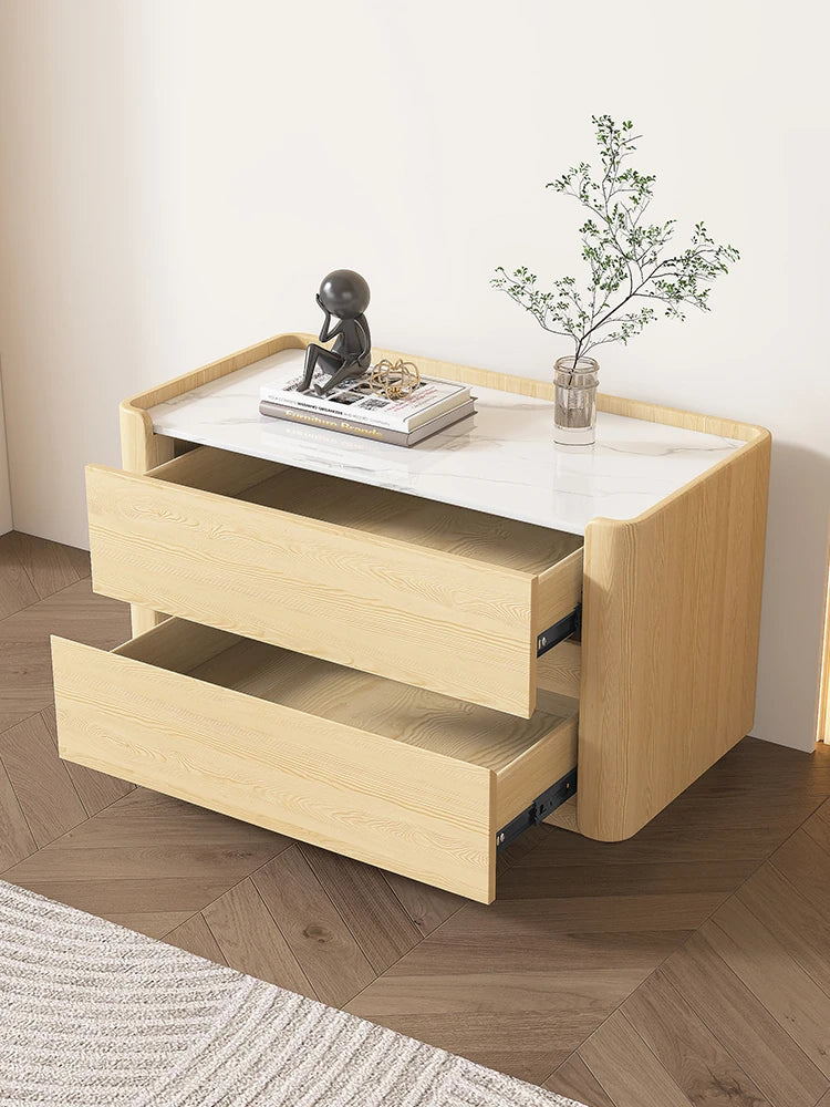 Modern Pine Nightstand with Sintered Stone Top and PU Leather Drawer - Stylish Storage Solution for Your Bedroom fmxjs-5346
