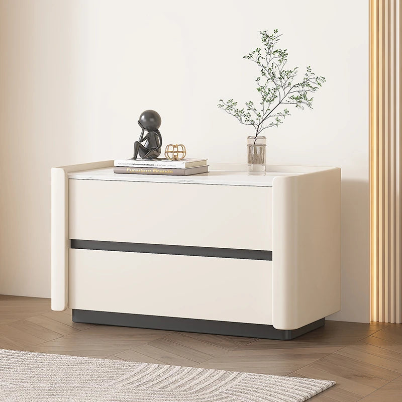 Modern Pine Nightstand with Sintered Stone Top and PU Leather Drawer - Stylish Storage Solution for Your Bedroom fmxjs-5346