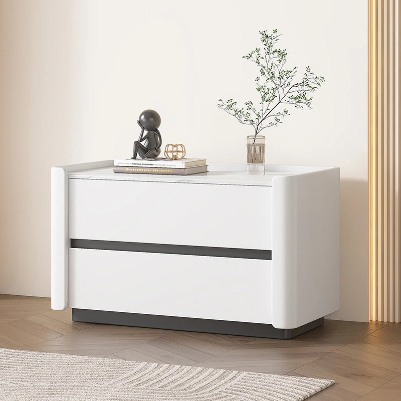 Modern Pine Nightstand with Sintered Stone Top and PU Leather Drawer - Stylish Storage Solution for Your Bedroom fmxjs-5346
