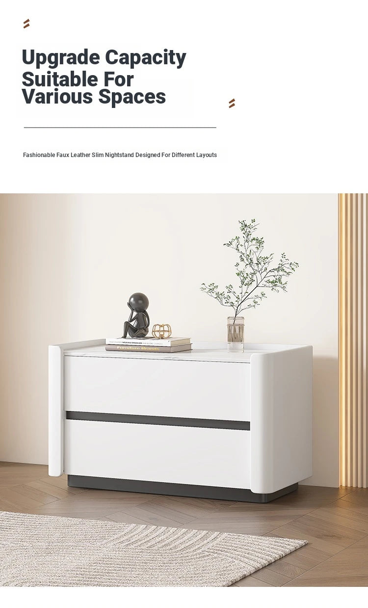 Modern Pine Nightstand with Sintered Stone Top and PU Leather Drawer - Stylish Storage Solution for Your Bedroom fmxjs-5346