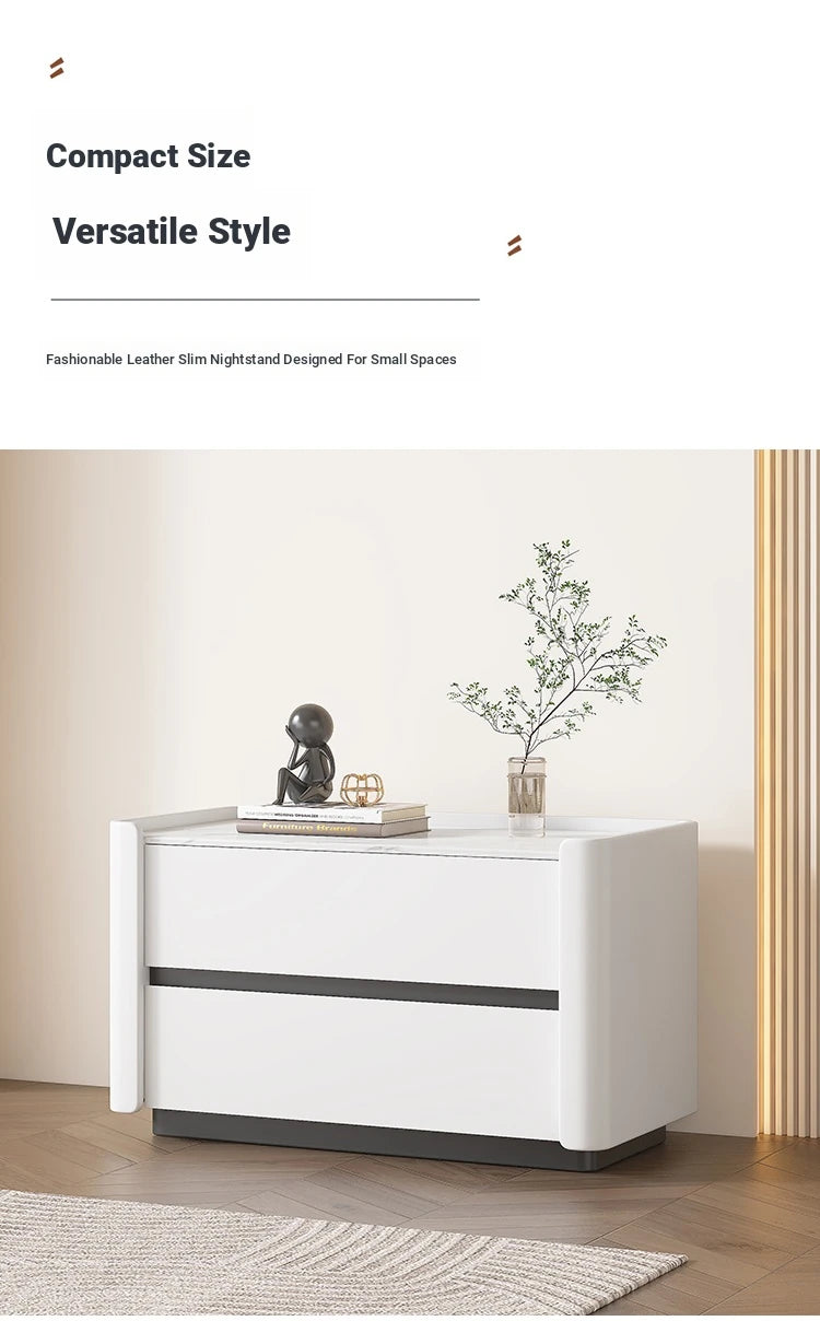 Modern Pine Nightstand with Sintered Stone Top and PU Leather Drawer - Stylish Storage Solution for Your Bedroom fmxjs-5346