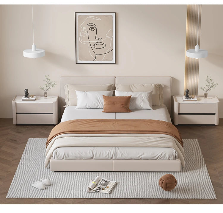 Modern Pine Nightstand with Sintered Stone Top and PU Leather Drawer - Stylish Storage Solution for Your Bedroom fmxjs-5346